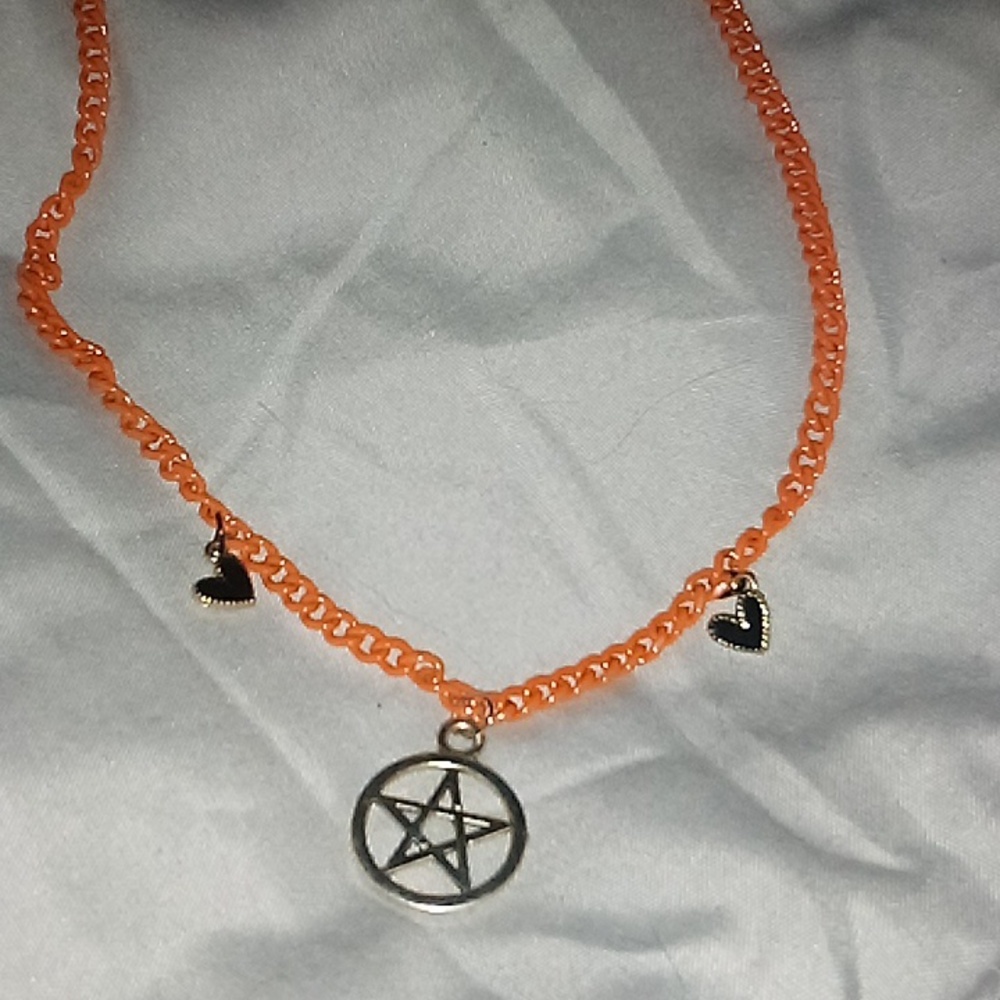 Orange Chain Bracelet with Silver Pentagram Charm